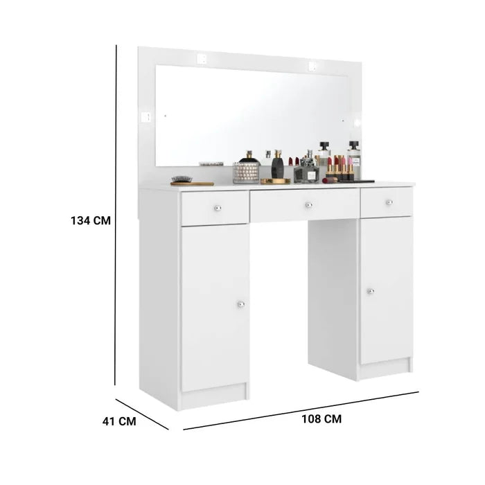 Penteadeira Camarim com Espelho, LED, 2 Portas e 3 Gavetas Branco – Carisma