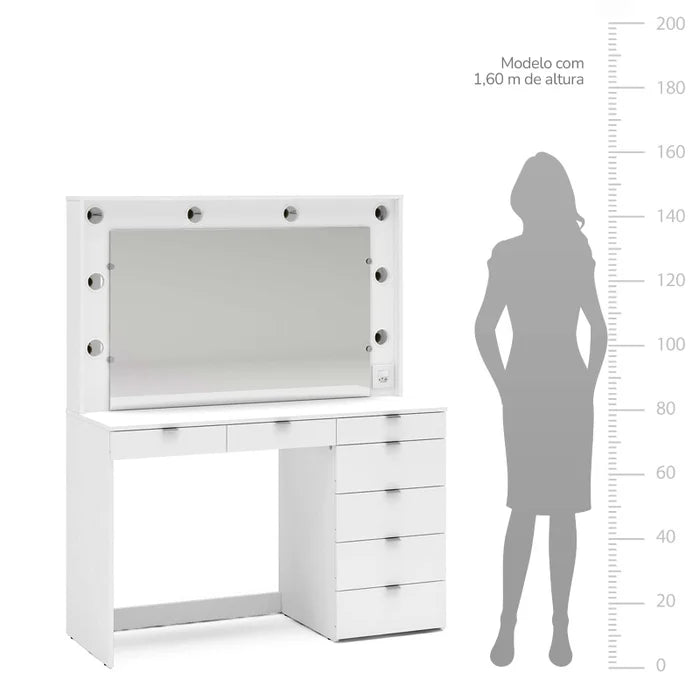 Penteadeira Camarim com Espelho, LED, Tomada e 7 Gavetas Branco – Diamante