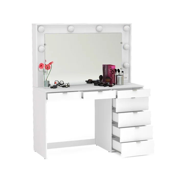 Penteadeira Camarim com Espelho, LED, Tomada e 7 Gavetas Branco – Diamante