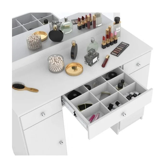 Penteadeira Camarim com Espelho, LED, 2 Portas e 3 Gavetas Branco – Carisma