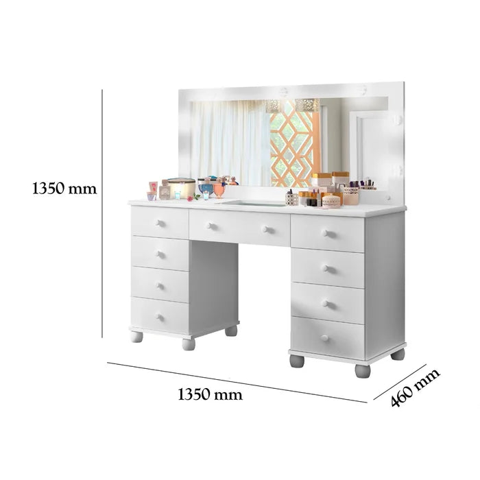 Penteadeira Camarim com Espelho, LED e 9 Gavetas Branco