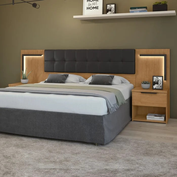 Cabeceira Casal Queen 160cm com 2 Mesas de Cabeceira e LED Calitan Amêndoa/Preto