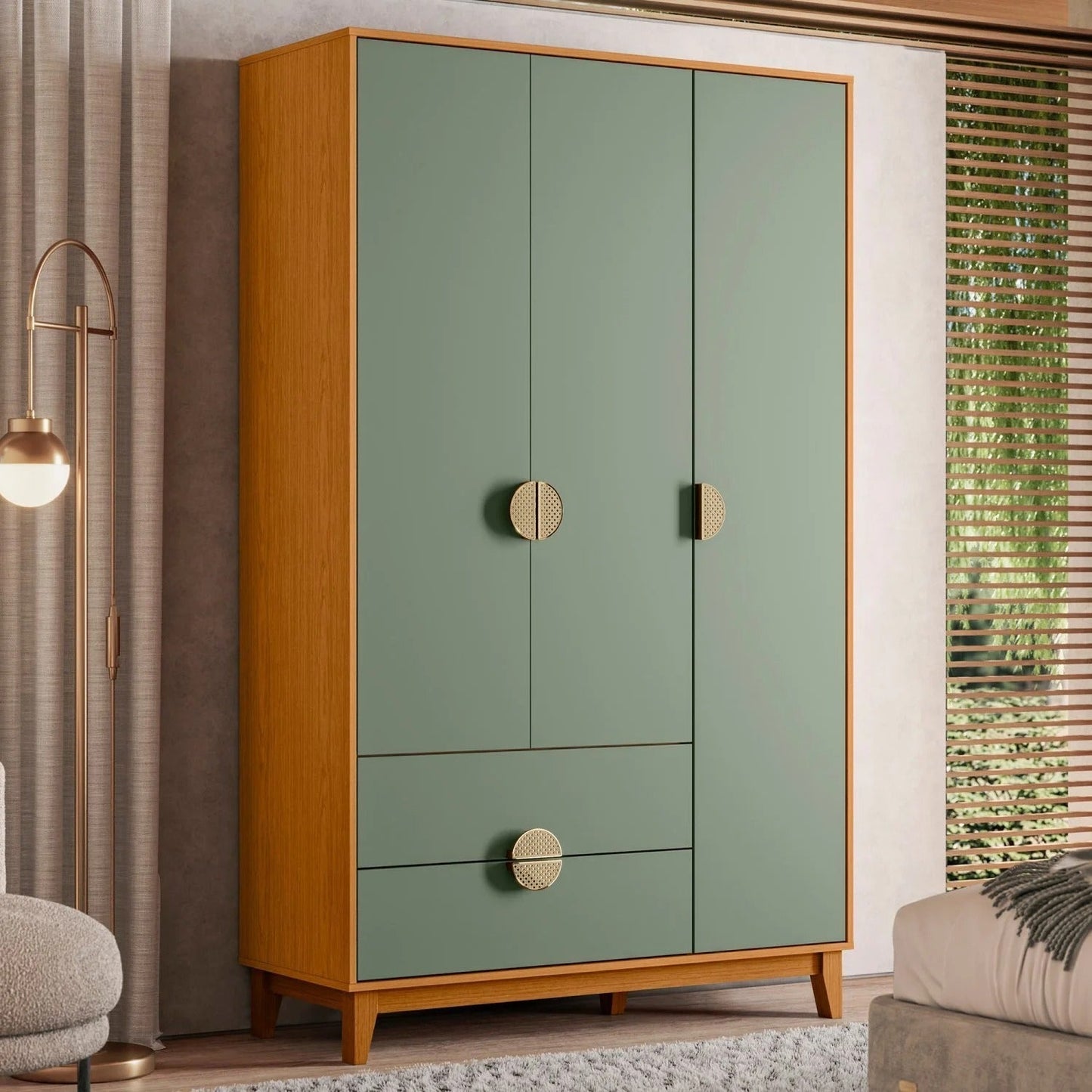 Guarda-Roupa Solteiro 3 Portas 2 Gavetas Ipê Cinamomo/Sálvia