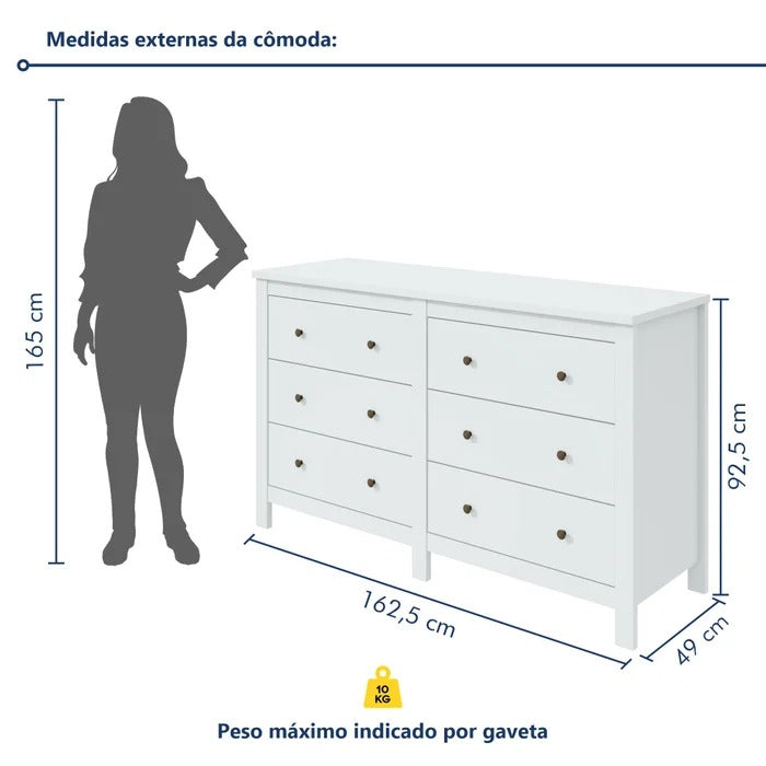 Cômoda 6 Gavetas 162cm Branco Maggiore New