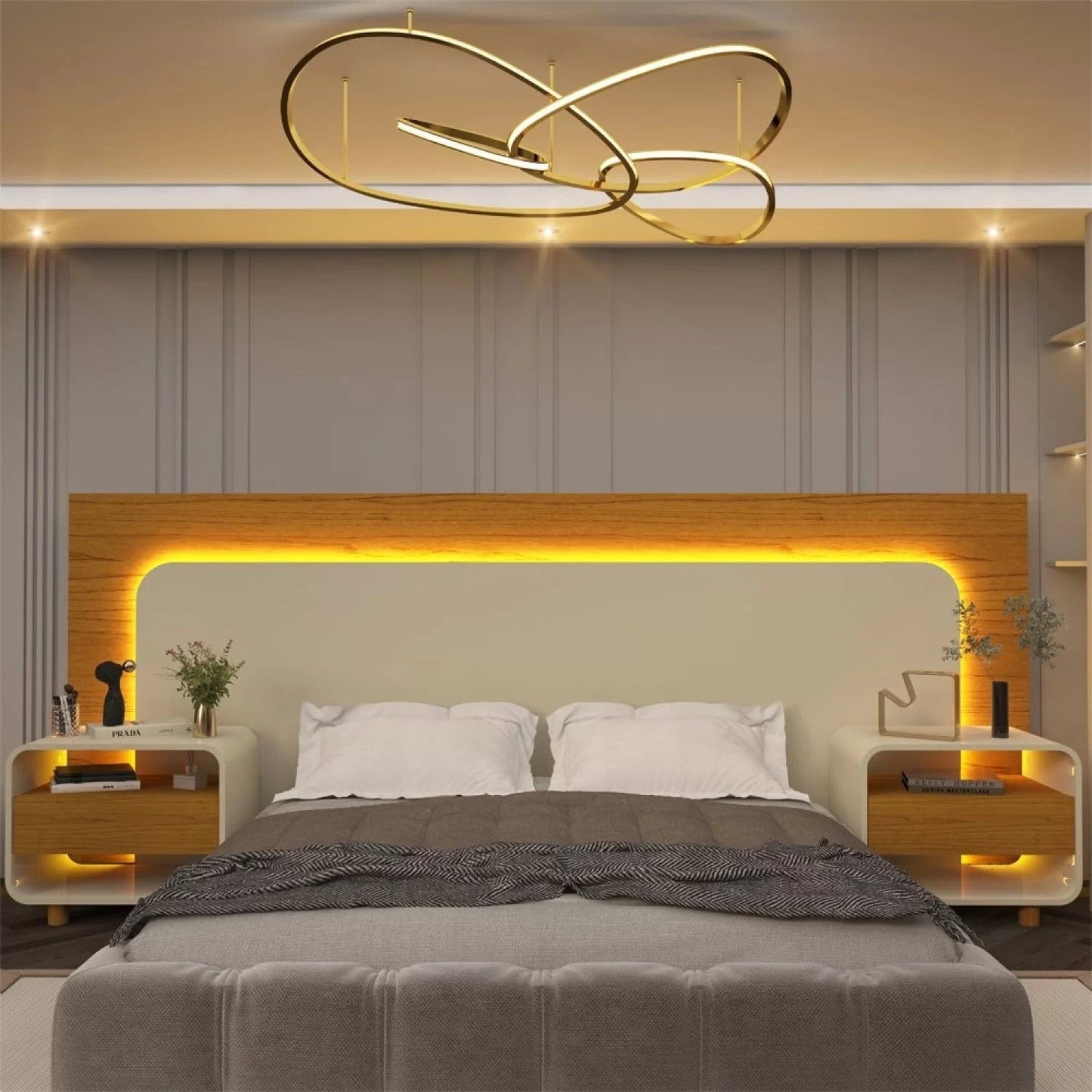 Cabeceira Casal com 2 Mesas de Cabeceira e LED Innova Off White 100% MDF
