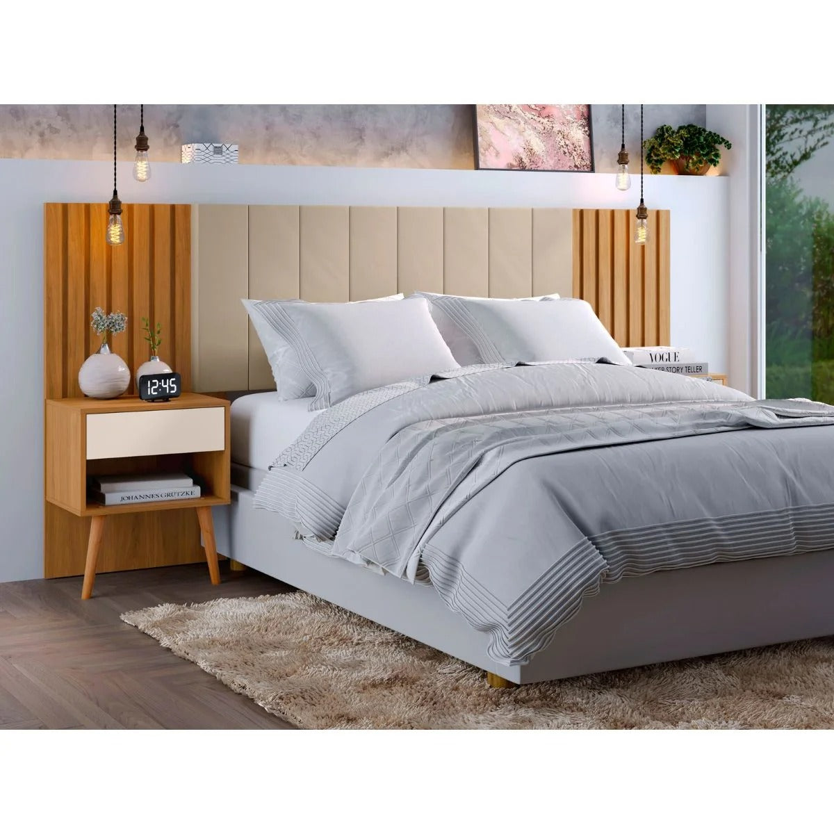 Cabeceira Casal Queen Extensível Zara com Capitonê e 2 Mesas Carvalho