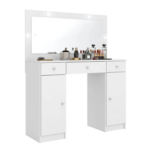 Penteadeira Camarim com Espelho, LED, 2 Portas e 3 Gavetas Branco – Carisma
