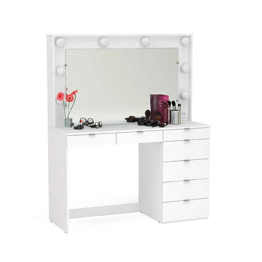 Penteadeira Camarim com Espelho, LED, Tomada e 7 Gavetas Branco – Diamante