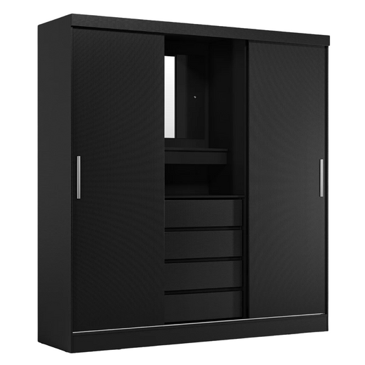 Guarda-Roupa Solteiro 2 Portas com Espelho e 4 Gavetas Itália Amêndola/Preto
