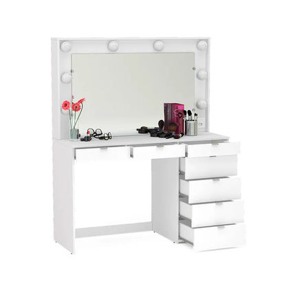 Penteadeira Camarim com Espelho, LED, Tomada e 7 Gavetas Branco – Diamante