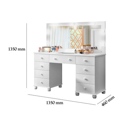 Penteadeira Camarim com Espelho, LED e 9 Gavetas Branco