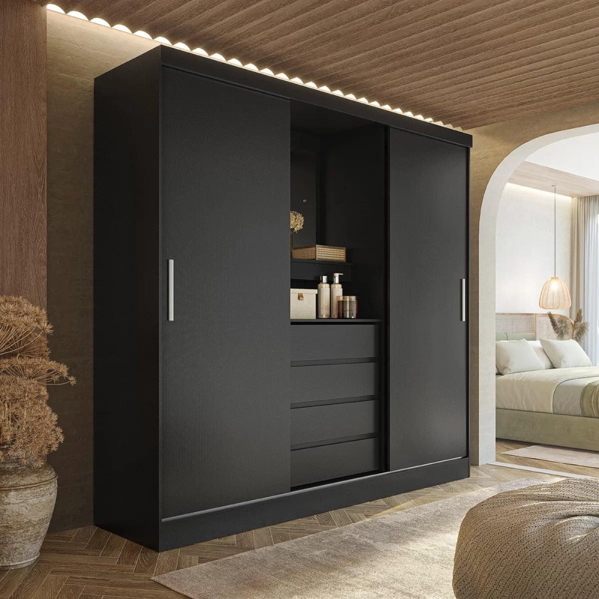 Guarda-Roupa Solteiro 2 Portas com Espelho e 4 Gavetas Itália Amêndola/Preto