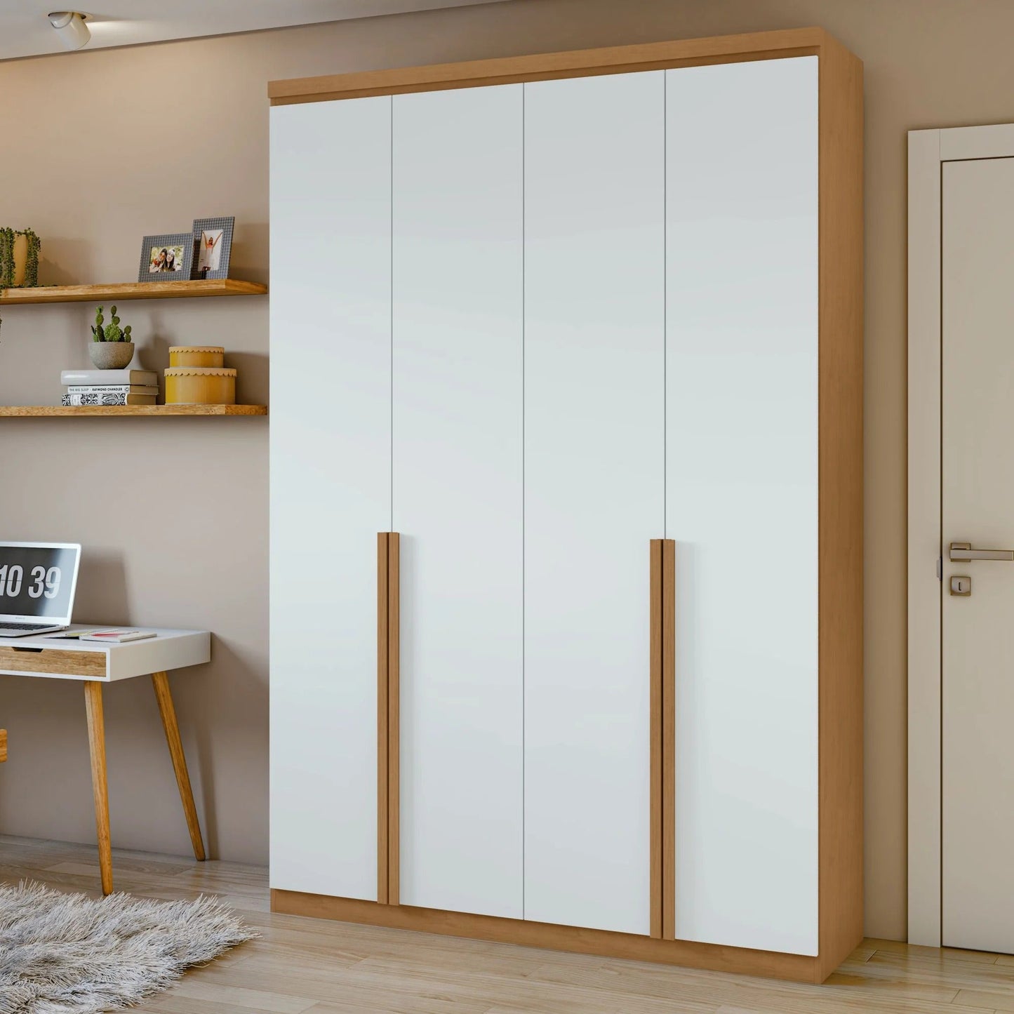 Guarda-Roupa Solteiro 4 Portas 2 Gavetas Alonzo 100% MDF Amêndoa/Branco