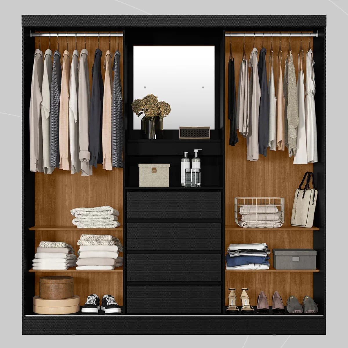 Guarda-Roupa Solteiro 2 Portas com Espelho e 4 Gavetas Itália Amêndola/Preto