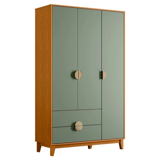 Guarda-Roupa Solteiro 3 Portas 2 Gavetas Ipê Cinamomo/Sálvia