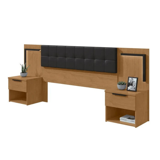 Cabeceira Casal Queen 160cm com 2 Mesas de Cabeceira e LED Calitan Amêndoa/Preto