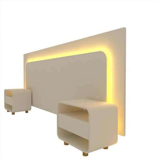 Cabeceira Casal com 2 Mesas de Cabeceira e LED Innova Off White 100% MDF