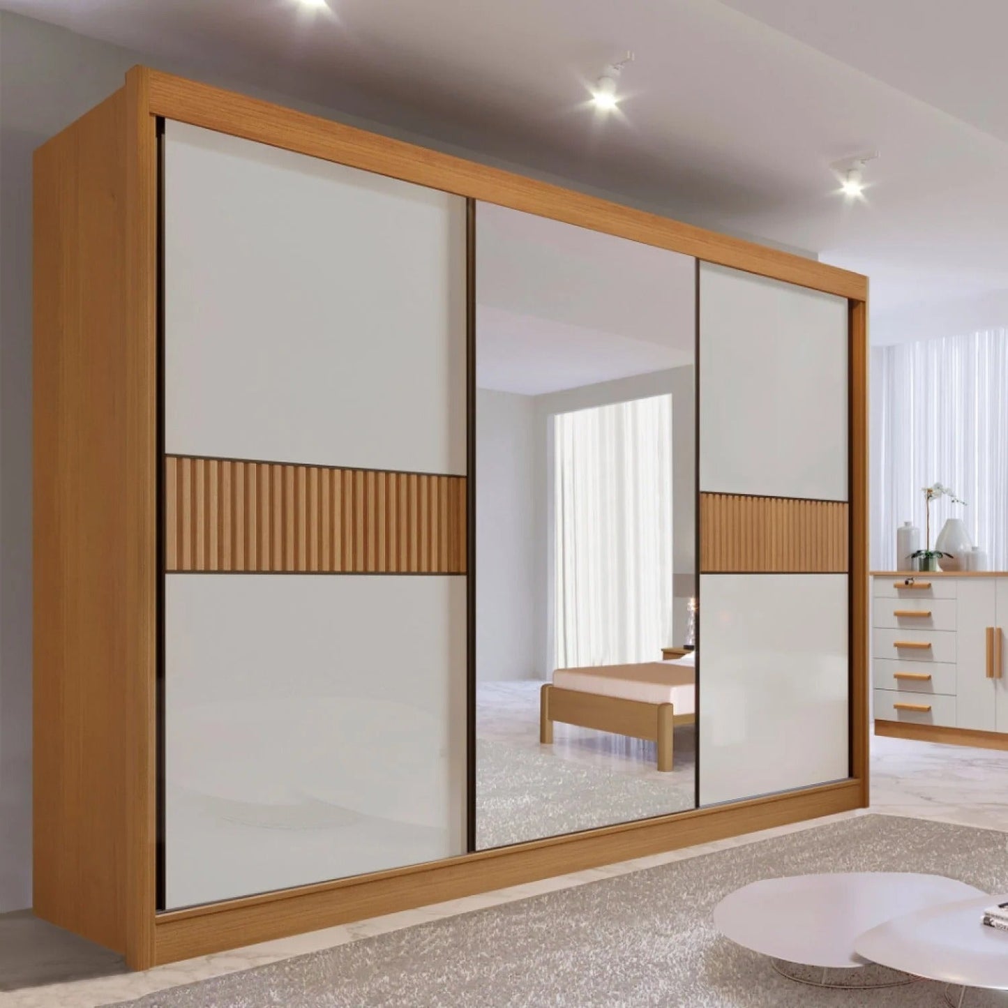 Guarda-Roupa Casal 3 Portas com Espelho e 6 Gavetas Miami Cinamomo/Off White